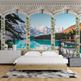 Sarmaşık Sütun, Göl ve Dağ Manzara Duvar Kağıdı Baskı