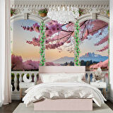 Pembe Ağaç ve Nehir Sutun Duvar Kağıdı Baskı