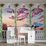 Pembe Ağaç ve Nehir Sutun Duvar Kağıdı Baskı