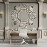 3D Beyaz Sütun Gri Panel Altın Görünümlü Çerçeve Duvar Kağıdı Baskı