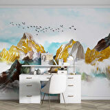 Dağ Gökyüzü ve Kuş Çizimi Duvar Kağıdı Baskı