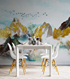 Dağ Gökyüzü ve Kuş Çizimi Duvar Kağıdı Baskı