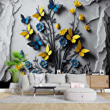 Sarı ve Lacivert Kelebek Duvar Kağıdı Baskı