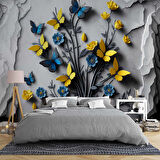 Sarı ve Lacivert Kelebek Duvar Kağıdı Baskı