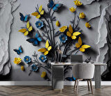 Sarı ve Lacivert Kelebek Duvar Kağıdı Baskı