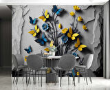 Sarı ve Lacivert Kelebek Duvar Kağıdı Baskı