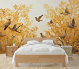 Sonbahar Yaprak ve Kuş Duvar Kağıdı Baskı