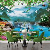 Şelale Kuş ve Kuğu Manzaralı Duvar Kağıdı Bask