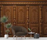3D Kabartma Motifli Ahşap Panel Duvar Kağıdı Baskı
