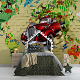 3D Taş Duvar Araba Harita Duvar Kağıdı Baskı