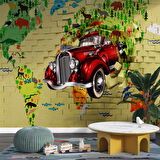 3D Taş Duvar Araba Harita Duvar Kağıdı Baskı
