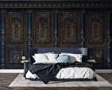 3 Boyutlu Altın Motif Lacivert Panel Duvar Kağıdı Baskı