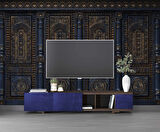 3 Boyutlu Altın Motif Lacivert Panel Duvar Kağıdı Baskı