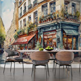 Sulu Boya Restaurant ve Sokak Manzara Çizim Duvar Kağıdı Baskı