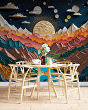 3D Kabartma Görünümlü Dağ ve Nehir Manzaralı Duvar Kağıdı Baskı