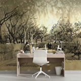 Kara Kalem Cadde Ağaç Çizim Manzaralı Duvar Kağıdı Baskı