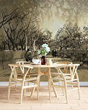 Kara Kalem Cadde Ağaç Çizim Manzaralı Duvar Kağıdı Baskı