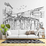 Kara Kalem Ahşap Köprü Çizimi Duvar Kağıdı Baskı