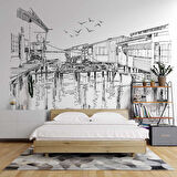 Kara Kalem Ahşap Köprü Çizimi Duvar Kağıdı Baskı