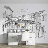 Kara Kalem Ahşap Köprü Çizimi Duvar Kağıdı Baskı