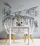 Kara Kalem Ahşap Köprü Çizimi Duvar Kağıdı Baskı