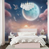 Soft Pembe Ağaç ve Gökyüzü Ay Temalı Duvar Kağıdı Baskı