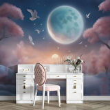 Soft Pembe Ağaç ve Gökyüzü Ay Temalı Duvar Kağıdı Baskı