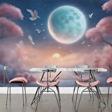 Soft Pembe Ağaç ve Gökyüzü Ay Temalı Duvar Kağıdı Baskı