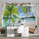 Balkon ve Perde, Göl ve Tropikal Manzara Duvar Kağıdı Baskı