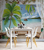 Balkon ve Perde, Göl ve Tropikal Manzara Duvar Kağıdı Baskı