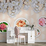 3D Halka ve Pembe Çiçek Duvar Kağıdı Baskı