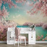 Pembe Ağaç ve Göl Duvar Kağıdı Baskı