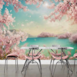 Pembe Ağaç ve Göl Duvar Kağıdı Baskı