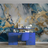 Mavi ve Altın Mermer Desenli Duvar Kağıdı