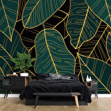 Yeşil Yaprak ve Altın Çizgi Duvar Kağıdı