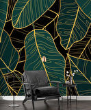 Yeşil Yaprak ve Altın Çizgi Duvar Kağıdı