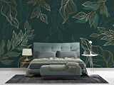 Altın Çizgili Yeşil Yaprak Duvar Kağıdı