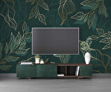 Altın Çizgili Yeşil Yaprak Duvar Kağıdı