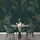 Altın Çizgili Yeşil Yaprak Duvar Kağıdı