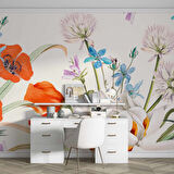 Turuncu, Beyaz, Mavi Çiçekli Duvar Kağıdı