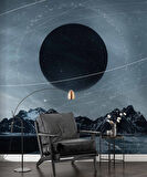 Dağ ve Siyah Ay Manzaralı Duvar Kağıdı Baskı