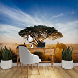Gündoğumu Ağaç ve Fil Temalı Duvar Kağıdı Baskı
