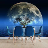 Ağaç Süliyeti ve Ay Manzaralı Duvar Kağıdı Baskı
