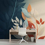 Soft Lacivert ve Krem rengi Yaprak Duvar Kağıdı Baskı