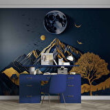 3D Kabartma Görünmlü Dağ ve Ay Temalı Duvar Kağıdı Baskı
