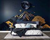 3D Kabartma Görünmlü Dağ ve Ay Temalı Duvar Kağıdı Baskı
