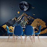 3D Kabartma Görünmlü Dağ ve Ay Temalı Duvar Kağıdı Baskı