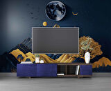 3D Kabartma Görünmlü Dağ ve Ay Temalı Duvar Kağıdı Baskı