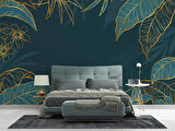 Yeşil Yaprak ve Altın Çizgiler Duvar Kağıdı Baskı
