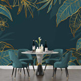 Yeşil Yaprak ve Altın Çizgiler Duvar Kağıdı Baskı